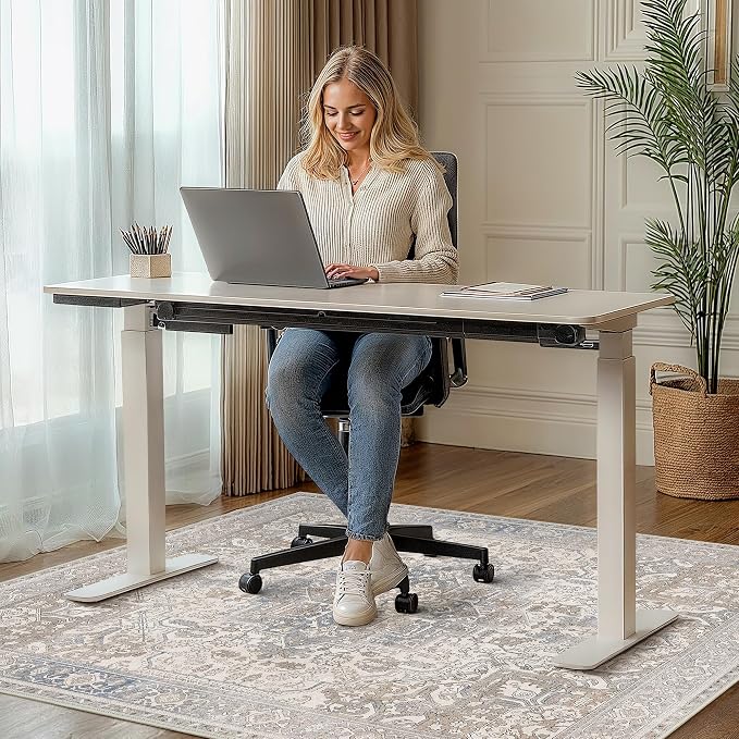 48"x60" Office Chair Mat for Hardwood Tile Floor, Under Desk Carpet Protector for Rolling Computer Chair Mat, Machine Washable Area Rug, Anti-Slip 1/5" Thick Low Pile Thin Vinyl Floor Mat, Khaki Blue