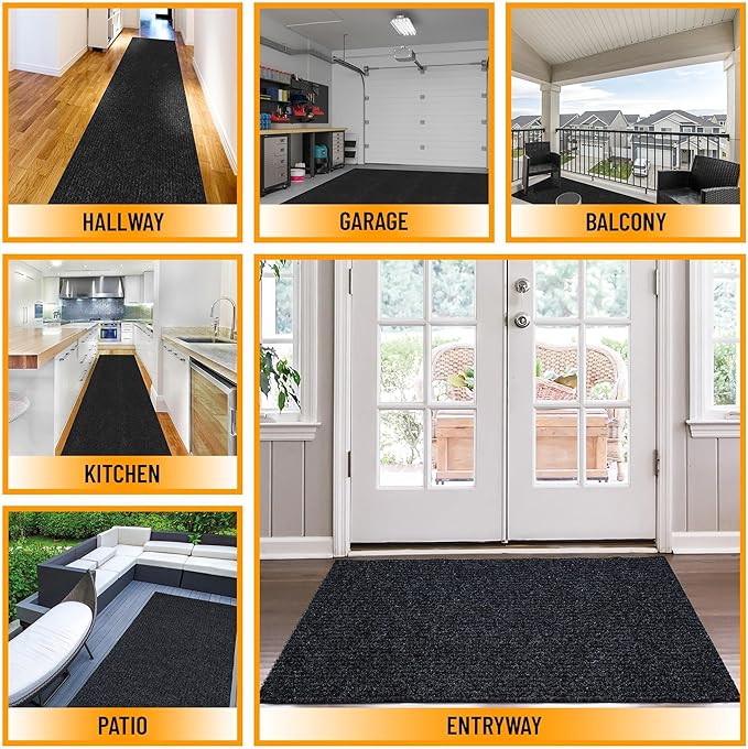 Ottomanson 4' x 6'6" Mud Mat Area Rug Scraper Carpet - Non-Slip, Dirt Trapping for Indoor & Outdoor Use - Ideal for Entryway, Garage, Kitchen, Patio & High-Traffic Areas, Black