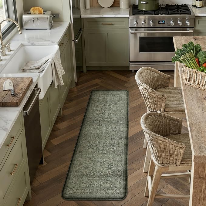 PureCozy Kitchen Mats 2PCS Anti Fatigue Cushioned Mat Green Vintage Kitchen Mats for Floor Waterproof Non Slip Comfort Standing Distressed Rug for Sink Laundry Office 17.3"x59"+17.3"x30"