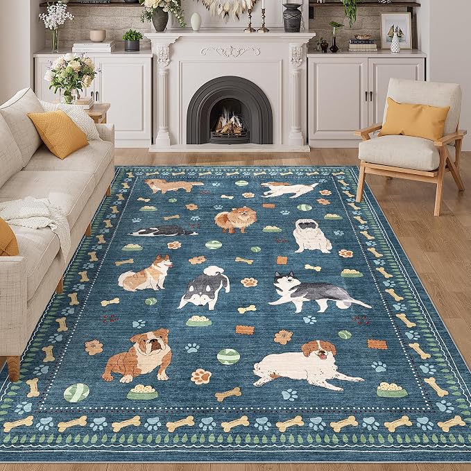 DUKINO 5x7 Rug for Living Room, Lightweight Animal Dog Print Washable Area Rug, Soft Non Slip & Low Pile Floor Mat, Stain Resistant Large Carpet for Bedroom, Nursery, Dining Room, Kids Playroom, Blue
