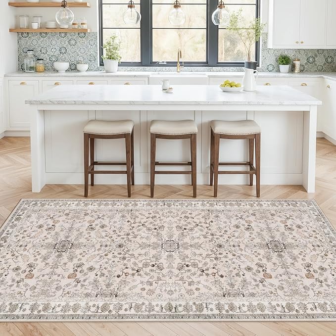4x8 Rug Washable for Entryway Kitchen – Non-Slip Rubber Backed Area Rug for Hallway Bedroom Living Room Office,Boho Floral Low Pile Thin Floor Indoor Mat (Beige,4x8)