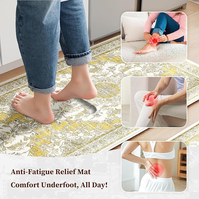Boho Kitchen Mats for Floor 2 Piece Set Anti Fatigue Cushioned PVC Kitchen Rugs Non Slip Waterproof Farmhouse Mats 2/5 Inch Comfort Standing Mat for Sink, Laundry, 17.3"x47"+17.3"x28", Yellow