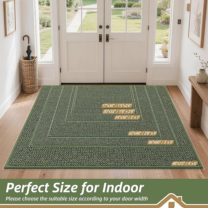BEQHAUSE Dirt Trapper Door Mat 24" x 36", Non-Slip Washable Doormats Entrance Mat, Dirt Resistant and Absorbent Welcome Mat, Low Profile Floor Mats for Front Back Door and Entryway, Green
