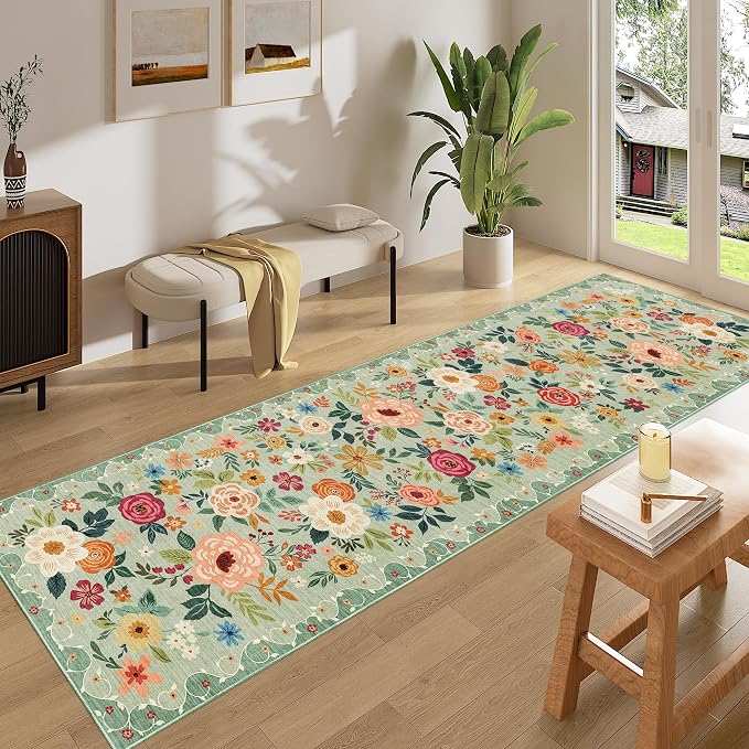 DUKINO 2x8 Runner Rug for Hallway, Washable Kitchen Runner Rug with Rubber Backing Non Slip, Low Pile Soft Boho Floral Thin Carpet for Entryway, Hallway, Bathroom, Laundry Room, Green