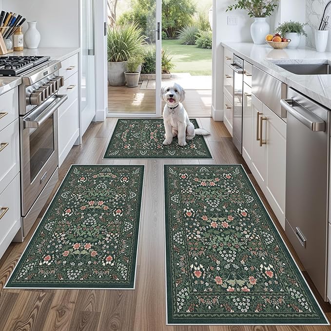 3 Piece Kitchen Rug Set, Washable Non-Slip Kitchen Mats for Hardwood Floor, Boho Farmhouse Kitchen Runner Rug for Sink,Entryway & Hallway & Bathroom (Dark Green, 2x3+2x4+2x5)