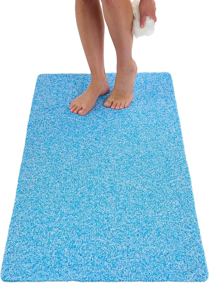 Shower Mat Non Slip - PVC Loofah Inside or Outside Showers, Bathtubs, Bathrooms, and Wet Areas - Safe for Textured Tiled and Smooth Floor - No Suction Cups Secure Anti Slip (Aqua Blue 24 x 47)