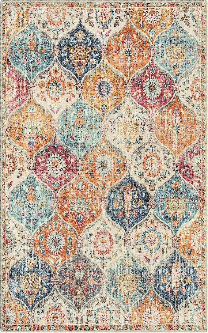 Lahome Moroccan 5x8 Area Rug, Ultra-Thin Washable Rugs for Living Room Bedroom, Soft Large Oriental Non-Slip Non Shedding Throw Large Carpet for Dining Room Office Elise, Cream/Multi