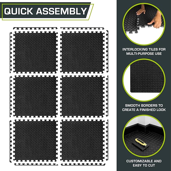 ProsourceFit Exercise Puzzle Mat ½-inch, EVA Interlocking Foam Floor Tiles for Home Gym, Workout Equipment, Kids Play Areas, Black, 24 SQ FT - 6 Tiles