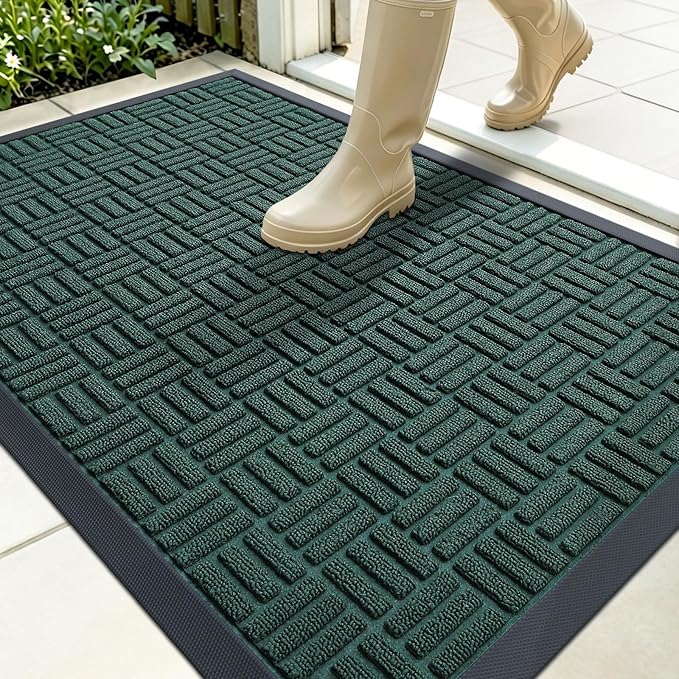 OLANLY Front Door Mat Outside Entrance 35x23, Absorbent, Heavy Duty Sturdy Natural Rubber Doormat Indoor Outdoor, Non-Slip, Stain and Fade Resistant, Low Profile Floor Mat for Entryway, Black Green