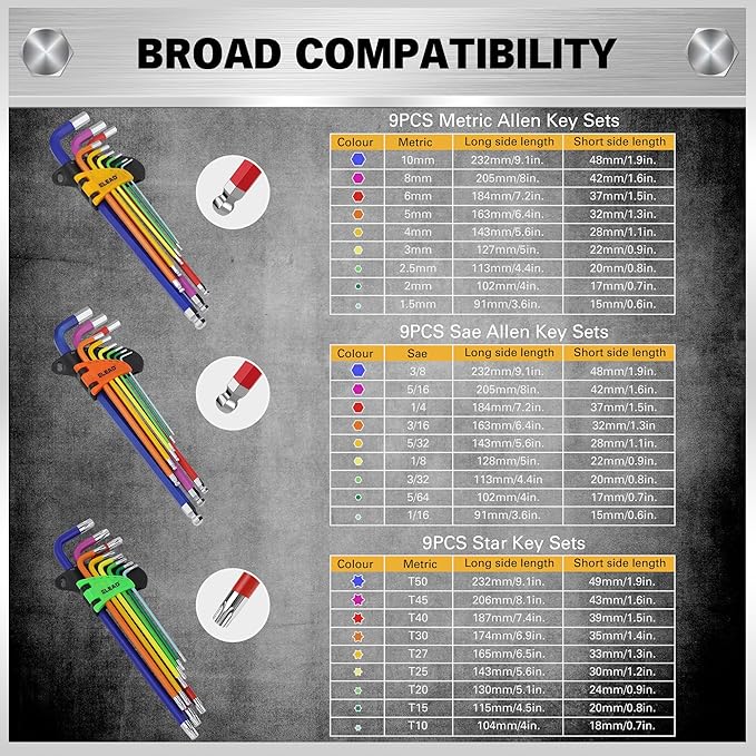 ELEAD 29-Piece Hex & Torx Key Set: Rainbow Colored Allen Wrench Set, SAE(1/16"-3/8") & Metric(1.5mm-10mm) & Torx(T10-T50), Long Arm Ball End, Allen Keys with T-Handle and Extension Bar