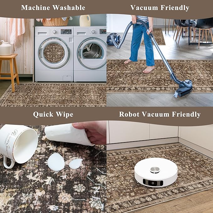 Washable Non-Skid 3 Piece Kitchen Rugs Set – Modern Boho Floral Low-Pile Area Rugs and Runner for Entryway, Bathroom, Hallway – Decorative Small Indoor Rugs (Brown, 2x3+2x4+2x5)