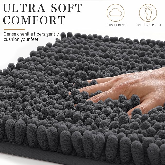 Yimobra Bathroom Rugs Non Slip Washable - Ultra Soft Absorbent Chenille Bath Mat, Quick Dry Shaggy Floor Carpet for Tub Shower, Dark Gray Home Decor Accessories, 24x17 Inch