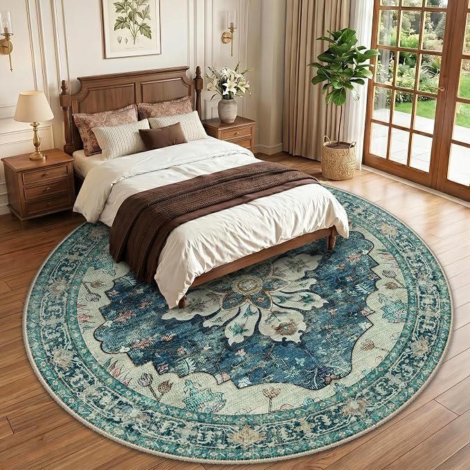 RELEANY Area Rugs Round 10ft Washable Non-Slip, Floral Vintage Distress Medallion Carpet for Living Room Bedroom Dining Room, Dark Blue Vintage