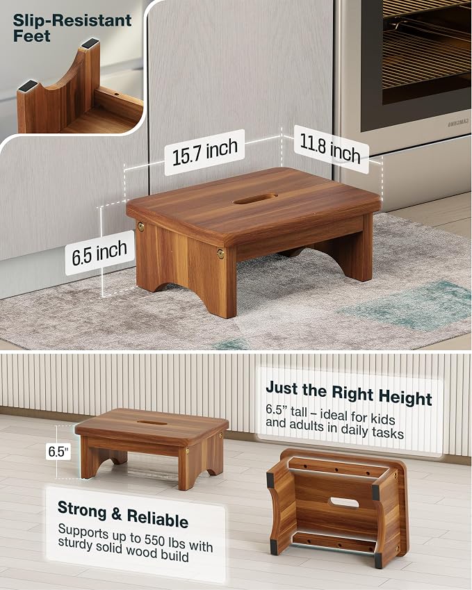 FANATU Wooden Step Stool, 6.5'' One Step Stool for Adults, Wooden Beside Step Support with 550 Lbs Load Capacity,Heavy Duty/Portable/Nonslip/Durable Construction Safe Step Platform for Bedroom/Kitchen