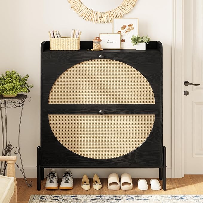 IRONCK Shoe Cabinet Storage with 2 Flip Drawers, Free Standing Wooden Shoe Storage Organizer Cabinet with Rattan Doors for Entryway, Narrow Shoe Rack Cabinet, Black