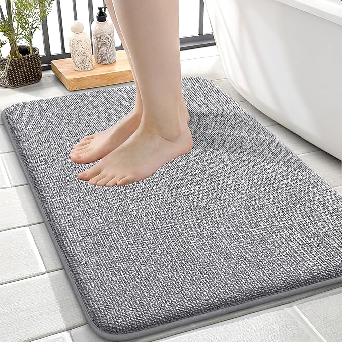 OLANLY Thick Memory Foam Small Bathroom Rugs 24x16, Extra Soft Absorbent Bathroom Mat, Quick Dry Bath Mats, Non-Slip, Machine Washable Carpet for Bathroom, Tub and Shower, Home Decor Accessories, Grey