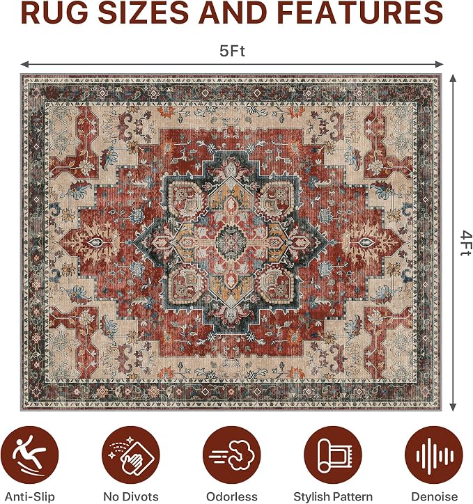 48"x60" Office Chair Mat for Hardwood Tile Floor, Under Desk Carpet Protector for Rolling Computer Chair Mat, Machine Washable Area Rug, Anti-Slip 1/5" Thick Low Pile Thin Vinyl Floor Mat, Annatto