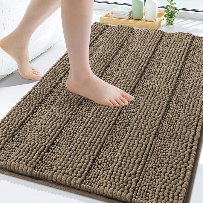 Grandaily Chenille Striped Bathroom Rugs 30x20, Extra Thick and Absorbent Bath Mats, Non-Slip Soft Plush Shaggy Shower Carpet, Machine Wash Dry, Bath Rug for Bathroom, (Medium, Camel)
