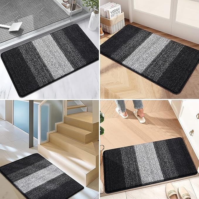Kitinjoy Indoor Outdoor Door Mat, 44x24 Non-Slip Absorbent Dirt Trapper, Low-Profile Washable Inside Entrance Front Floor Mat, Sturdy Soft Entry Doormats for Entryway, Black