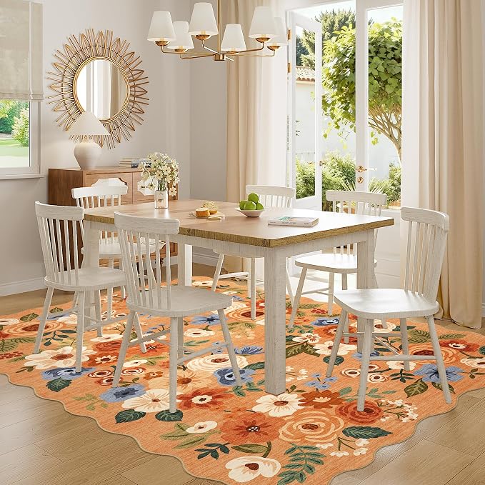 DUKINO 6x9 Area Rug, Floral Washable Rugs for Living Room with Non Slip Backing & Non-Shedding, Lightwight Low Pile Boho Design Large Carpets for Bedroom, Living Room, Dining Room, Orange