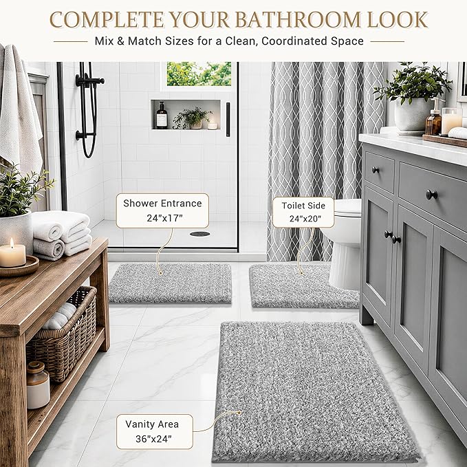 Yimobra Bathroom Rugs Non Slip Washable 36X24, Ultra Soft and Water Absorbent Bath Mats, Plush Fluffy Shower Mat Outside, Luxury Microfiber Thick Matts for Bathroom Floor/Tub, Light Gray and White