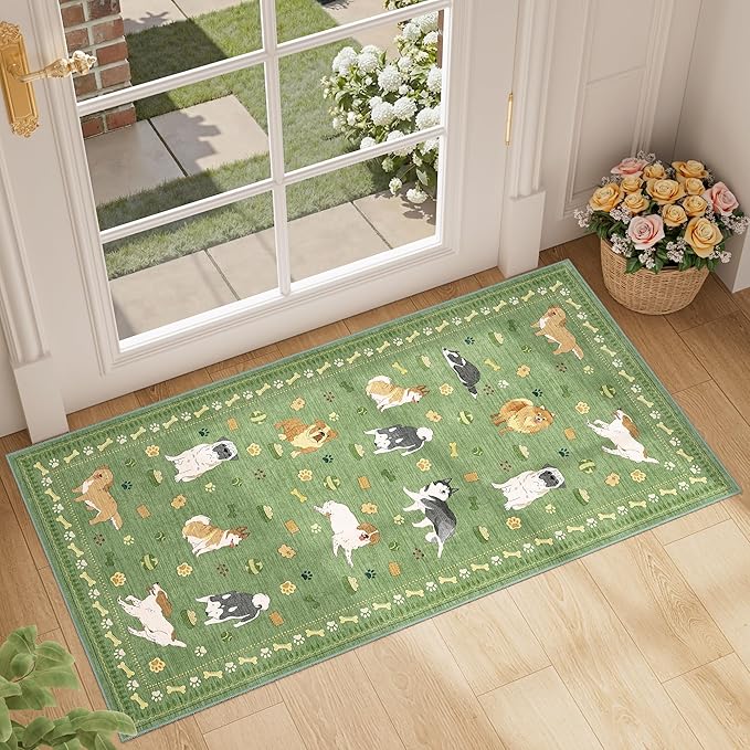 DUKINO 2x4 Runner Rug for Entryway, Animal Dog Print Washable Kitchen Rug with Non Slip, Low Pile Indoor Door Mat Non Shedding Small Throw Carpet Runner for Hallway, Bathroom, Laundry, Bedroom, Green