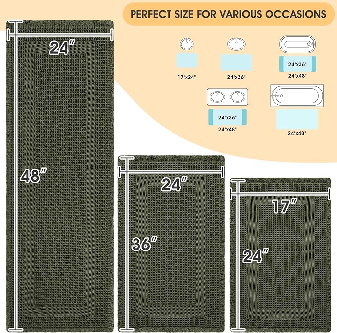 Waffle Bath Mat Set 3 Piece, Boho Woven Modern Bath Rug Absorbent Non Slip, Soft Bathroom Mats, Machine Washable Knit Bath Rugs with Tassels for Bathroom, Bedroom, Kitchen, Shower, Tub, Dark Green