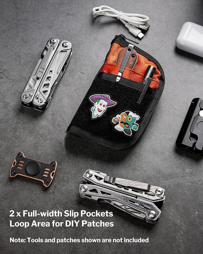 VIPERADE VE10 EDC Pouch Small Pocket Tool Pouch with 10 Compartments, Men's Pocket Organizer for Multitools, EDC Organizer with Patches Area for DIY (Black+Orange)