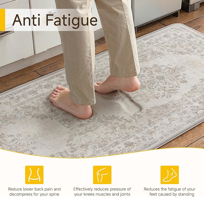 PureCozy Kitchen Mats 2PCS Anti Fatigue Cushioned Mat Beige Vintage Kitchen Mats for Floor Waterproof Non Slip Comfort Standing Medallion Floral Rug for Sink Laundry Office 17.3"x59"+17.3"x30"