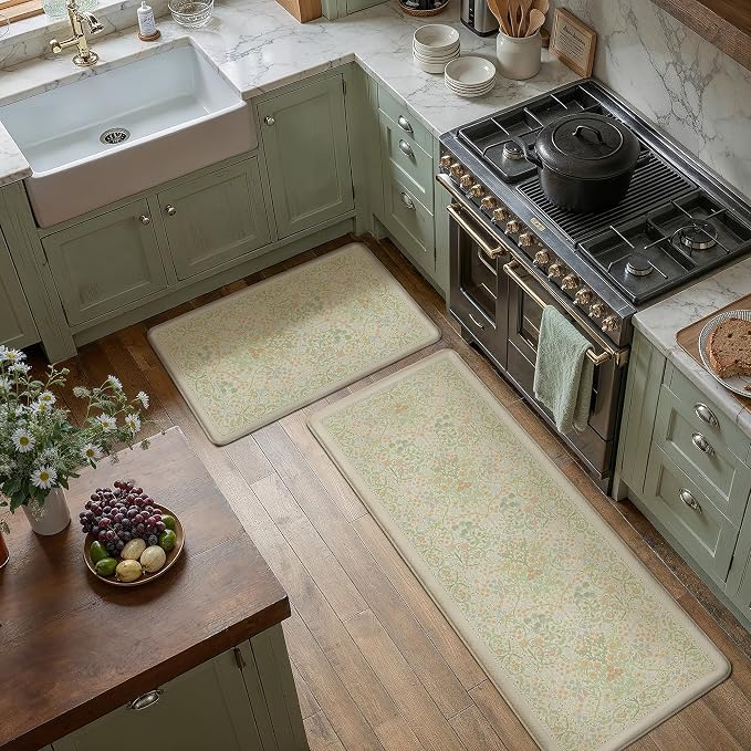 Kitchen Mats for Floor Thick Anti Fatigue Waterproof Vintage Spring Floral Kitchen Rugs 2PCS Cushioned Non Slip Green Comfort Standing Mats for Sink Laundry Office 17.3"×47"+17.3"×30"