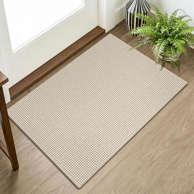 KOZYFLY Indoor Door Mat 2x3 ft Small Area Rugs Washable Front Door Mat Non Slip Rubber Backed Entryway Rug Cotton Entrance Doormat for Front Porch Bathroom Kitchen Bedroom, Ivory/Camel/Brown
