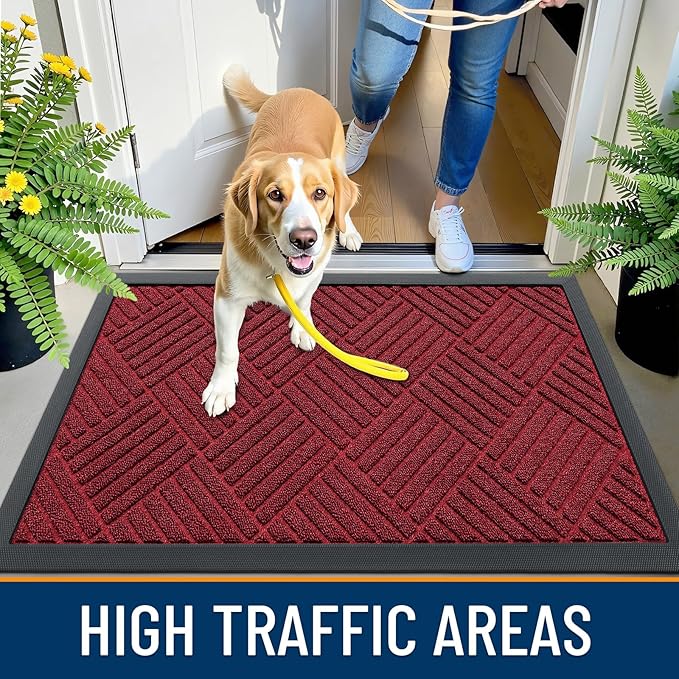 OLANLY Front Door Mat Outside Entrance 33x21, Absorbent, Heavy Duty Sturdy Natural Rubber Doormat Indoor Outdoor, Stain Fade Resistant, Non-Slip Low Profile Floor Mat for Entryway, Black Red Diamond
