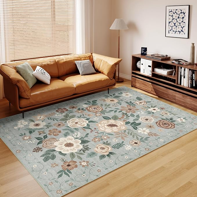 DUKINO 6x9 Area Rug, Floral Rugs for Living Room, Lightweight Non Slip Washable Indoor Low Pile & Non-Shedding Boho Design Carpet for Bedroom, Living Room, Dining Room, Sage Green