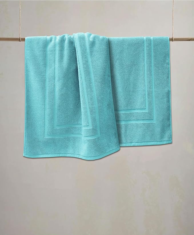 Feather & Stitch 2 Piece Towel Like Bath Mats (30x21 Inch) 100% Cotton Terry Bath Mats, Bathroom Shower Floor Mats [NOT A Bathroom Rug], Soft Absorbent Washable Mats - Aqua