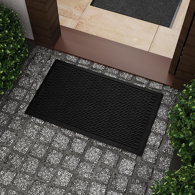 Ottomanson Waterproof Rubber Outdoor Doormat – Heavy-Duty Non-Slip Rubber Floor Mat with Ridge Scraper Pattern, All-Weather Front Door Entry Mat for Mud & Dirt Control – 18" x 30", Black