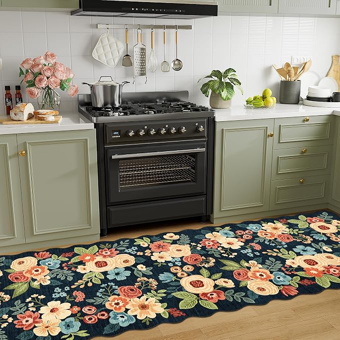 DUKINO 2.6x10 Runner Rug for Hallway, Lightweight Washable Floral Kitchen Rug with Non Shedding, Soft Low Pile & Non Slip Backing Boho Runner for Entryway, Bathroom, Laundry, Bedroom, Navy Blue