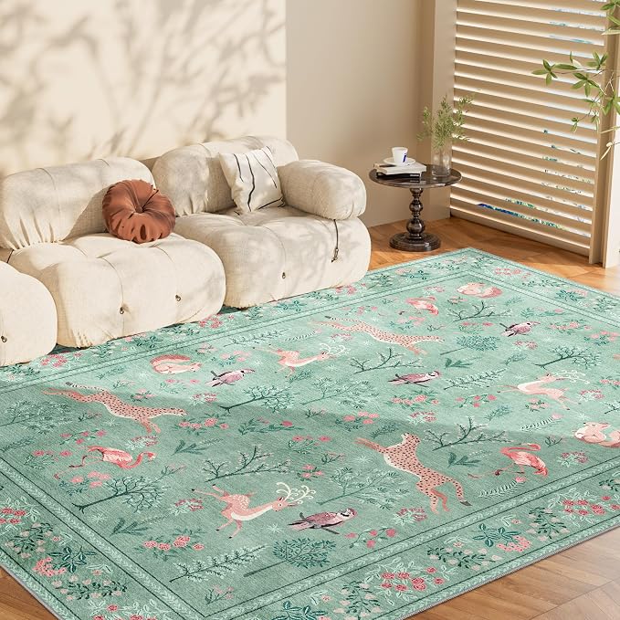 DUKINO 6x9 Rug, Washable Animal Living Room Rug with Non Slip Vintage Design, Soft Low Pile Large Carpet for Bedroom, Nursery, Dining Room, Farmhouse, Playroom, Teal