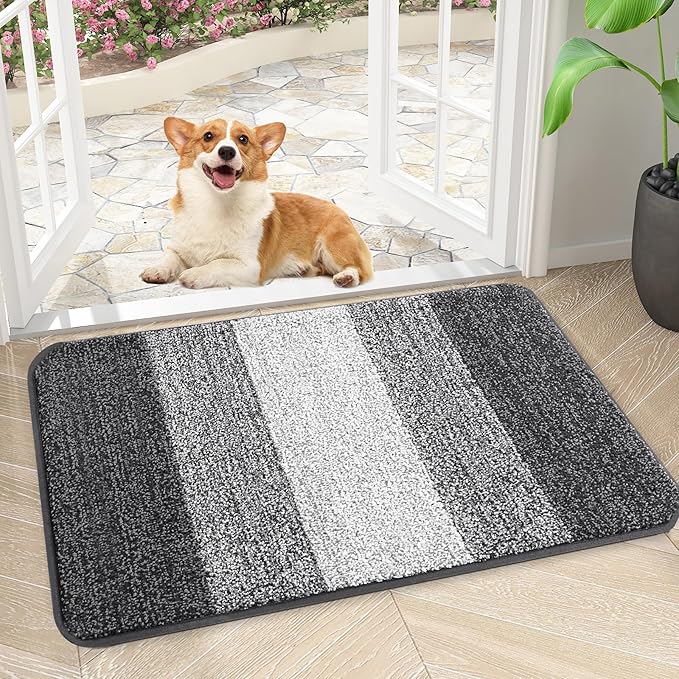 Kitinjoy Indoor Outdoor Door Mat, 30x17 Non-Slip Absorbent Dirt Trapper, Low-Profile Washable Inside Entrance Front Floor Mat, Sturdy Soft Entry Doormats for Entryway, Grey