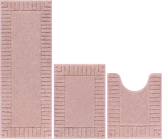 Pauwer Bathroom Rugs Sets 3 Piece Bathroom Shower Rugs with U-Shaped Contour Toilet Mat Absorbent Microfiber Plush Bath Mats Non Slip Bath Rug Machine Washable Shaggy Bath Mat Set, Dusty Pink