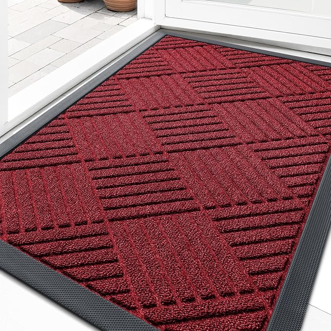 OLANLY Front Door Mat Outside Entrance 33x21, Absorbent, Heavy Duty Sturdy Natural Rubber Doormat Indoor Outdoor, Stain Fade Resistant, Non-Slip Low Profile Floor Mat for Entryway, Black Red Diamond