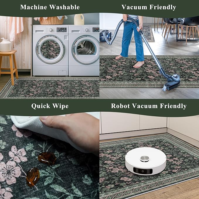 Kitchen Rugs 3 Piece Set, Washable Non-Slip Farmhouse Kitchen Mats for Hardwood Floor, Rustic Floral Boho Runner Rug for Sink,Entryway & Hallway & Bathroom (Dark/Green/Floral,2x3-2x4-2x5)