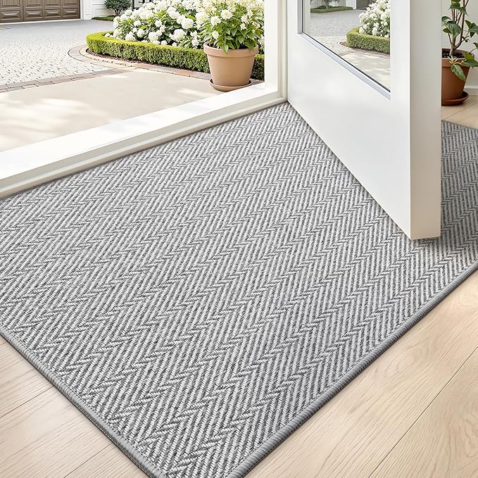 LUMI Ultra Thin Indoor Door Mat for Entrance 24"x36", Non Slip Entryway Mat, Low Profile Doormat, Unique Herringbone Design Carpet for Inside, Patio, Porch, Gray