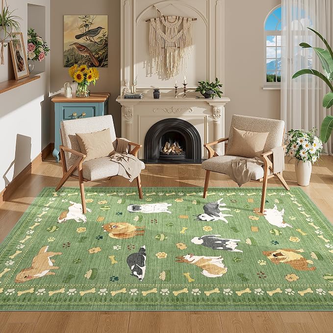 DUKINO 4x6 Area Rug, Non Slip Washable Rug for Living Room with Low Pile Design, Lightweight & Non Shedding Animal Dog Print Indoor Soft Carpet for Bedroom, Dining Room, Kids Room, Office, Green