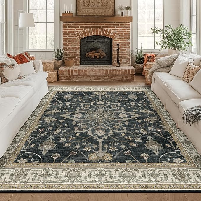 RELEANY Area Rugs Square 8ft Washable Non-Slip, Floral Vintage Distress Medallion Carpet for Living Room Bedroom Dining Room, Vintage Black Brown Neutral