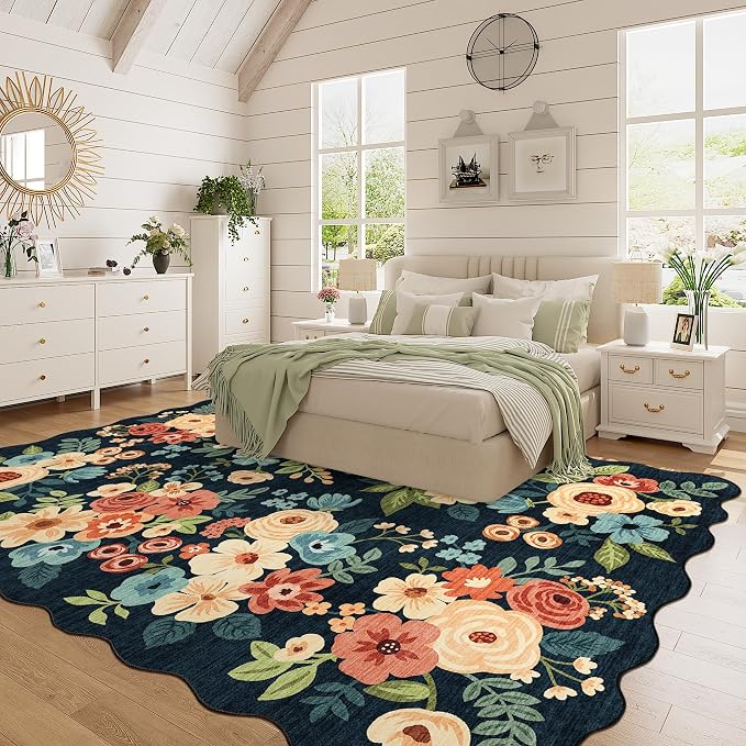 DUKINO 6x9 Area Rug, Floral Washable Rugs for Living Room with Non Slip Backing & Non-Shedding, Lightwight Low Pile Boho Design Large Carpets for Bedroom, Living Room, Dining Room, Navy Blue