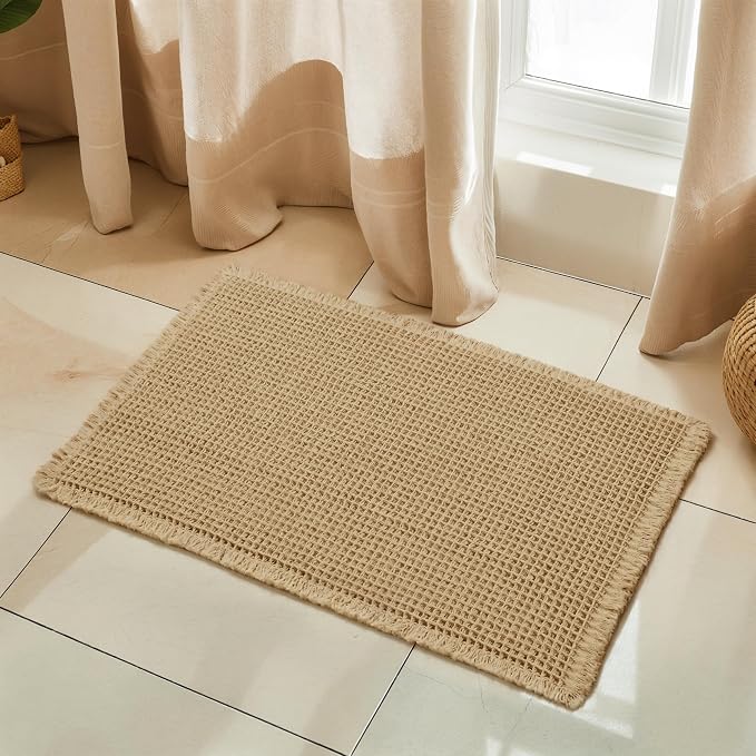 SUBRTEX Waffle Braided Bath Mat, 18" x 24" Soft Waffle Bath Rugs, Absorbent Non Slip Bathrooom Mats, Machine Washable Area Rug for Bathroom, Quick Dry, Khaki