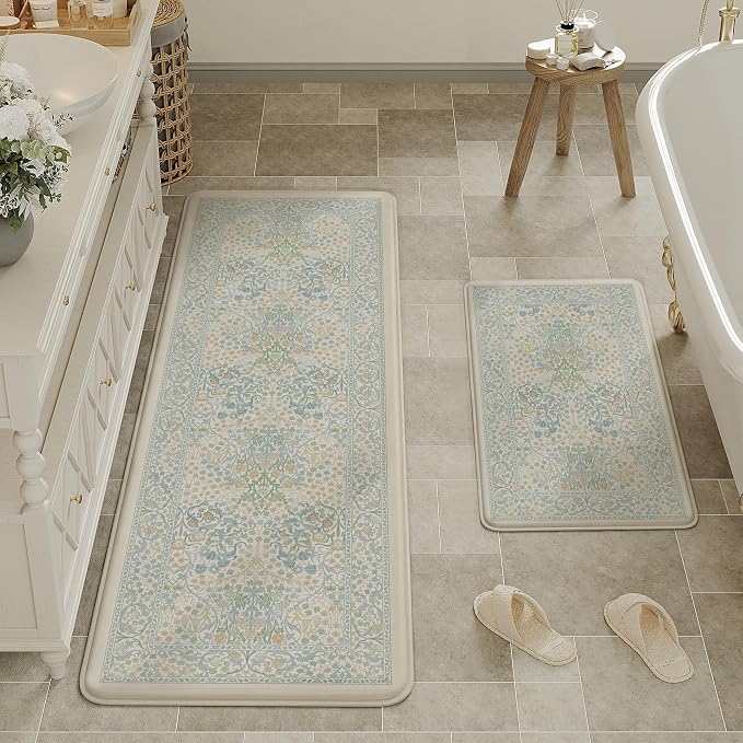 Kitchen Mats for Floor Thick Anti Fatigue Waterproof Vintage Spring Floral Kitchen Rugs 2PCS Cushioned Non Blue Comfort Standing Mats for Sink Laundry Office 17.3"×47"+17.3"×30"