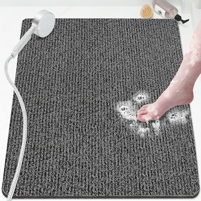 Shower Mat Bathtub Mat Non-Slip,32x24 inch, Soft Tub Mat with Drain,PVC Loofah Bath Mat (Phthalate Free) for Tub and Bathroom,Quick Drying,Black
