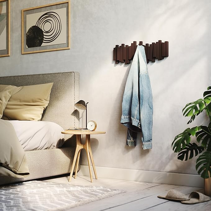 Umbra Sticks Wall-Mounted Coat Rack Rail Hook with 5 Retractable Pegs – Modern, Space-Saving Storage Organizer, Espresso