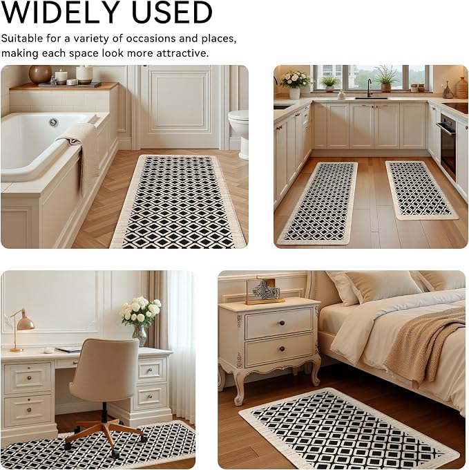 Black Vintage Geometric Elegance Grid Kitchen Rug Sets [2 PCs], Anti-Fatigue, Waterproof Non-Slip Kitchen Mats Heavy Duty Comfort Foam Rug for Kitchen, Floor, Laundry,17"x29"+17"x47"